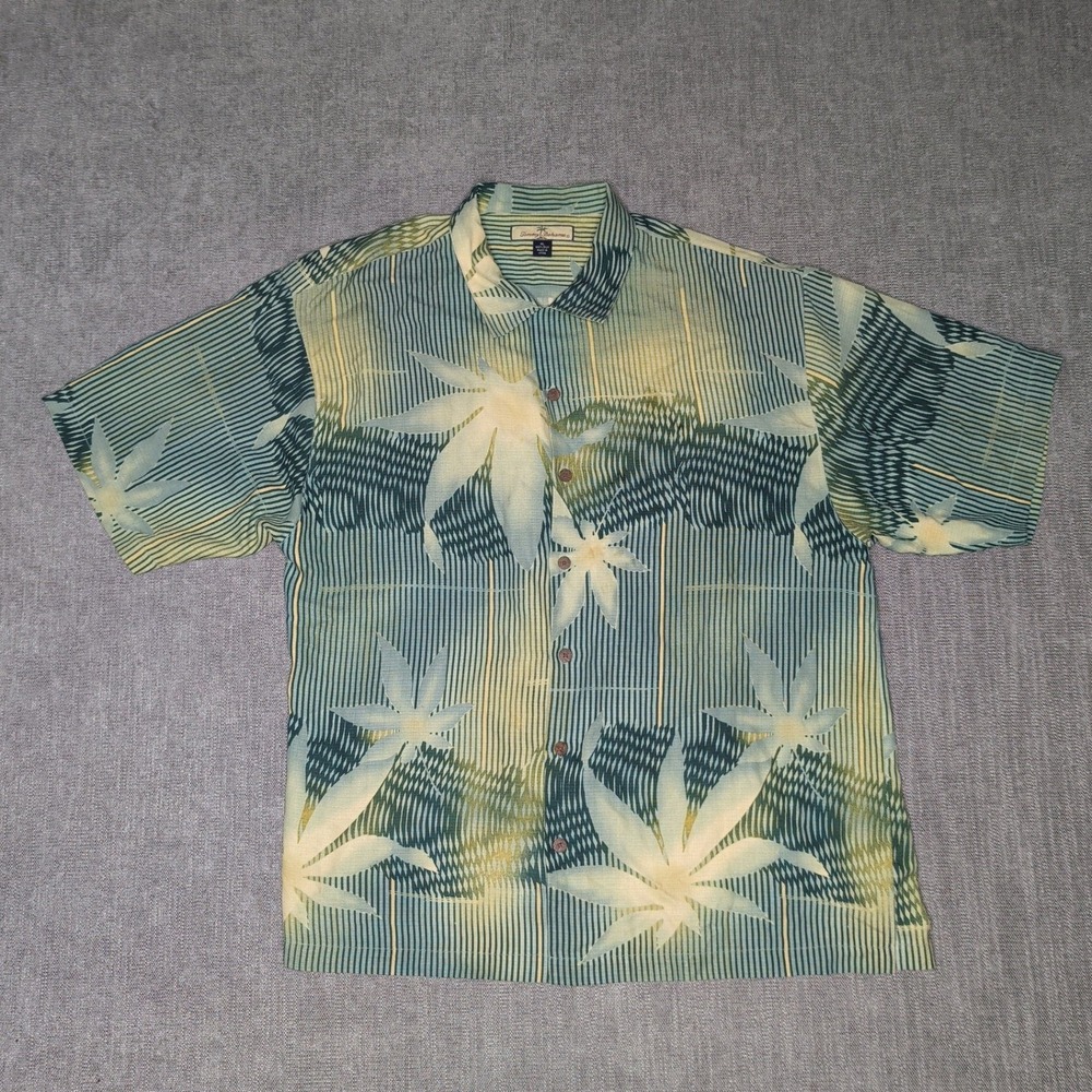 Tommy Bahama Mens XL Silk Camp Shirt Green Yellow Leaf Geometric Tropical